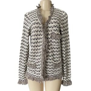 After The Rain‎ Womens L Cardigan Tweed Knit Open Front Fringe Sweater Jacket